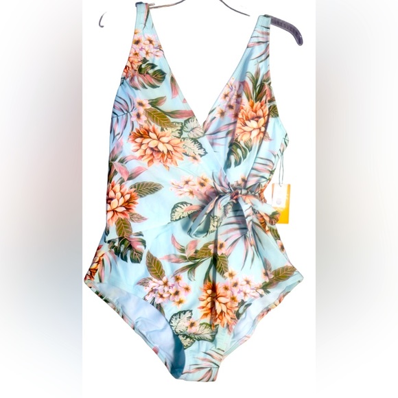 Kona Sol Women’s One Piece Blue Hawaiian Palm Floral Swimsuit Size XL 16-18 NWT - Picture 1 of 13